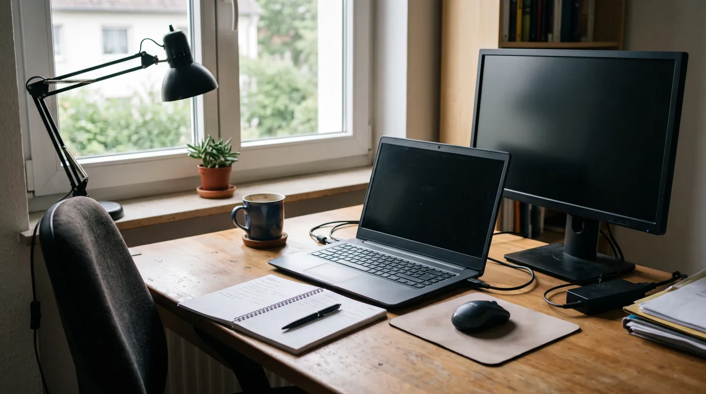 Bescheidener Arbeitsplatz mit Laptop, externem Monitor und Schreibtischlampe