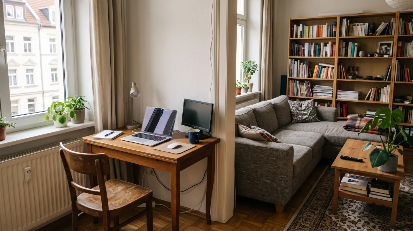 Vergleich zwischen abgetrenntem Arbeitszimmer und Arbeitsplatz im Wohnbereich