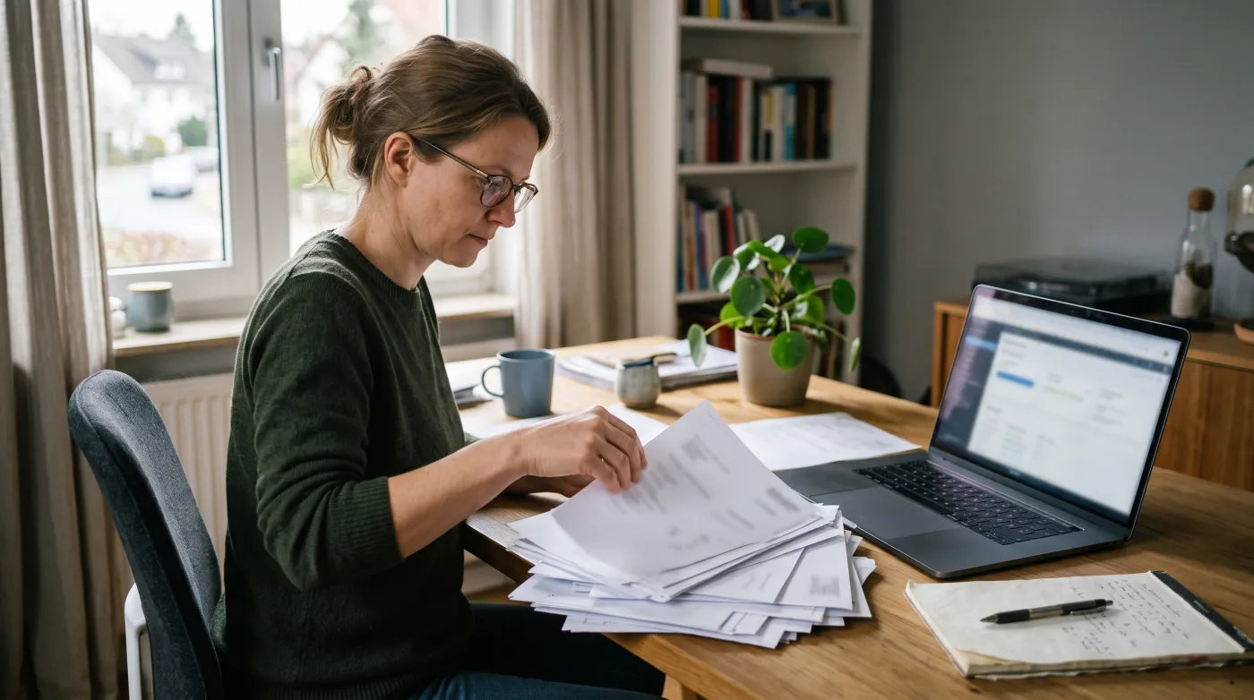 Arbeitnehmer sortiert Unterlagen zu Mitgliedsbeiträgen und beruflichen Ausgaben