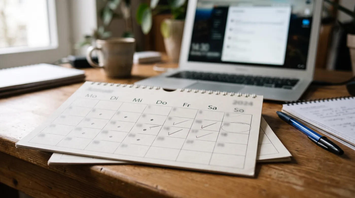 Kalender mit markierten Homeoffice-Tagen neben einem Laptop