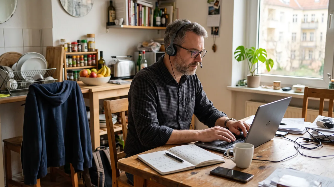 Berufstätiger arbeitet an einem normalen Küchentisch