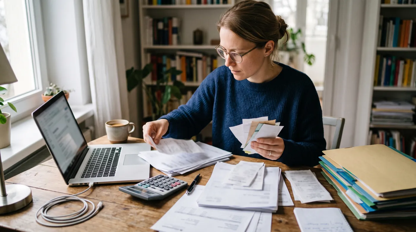 Arbeitnehmer sortiert Unterlagen zu beruflichen Ausgaben