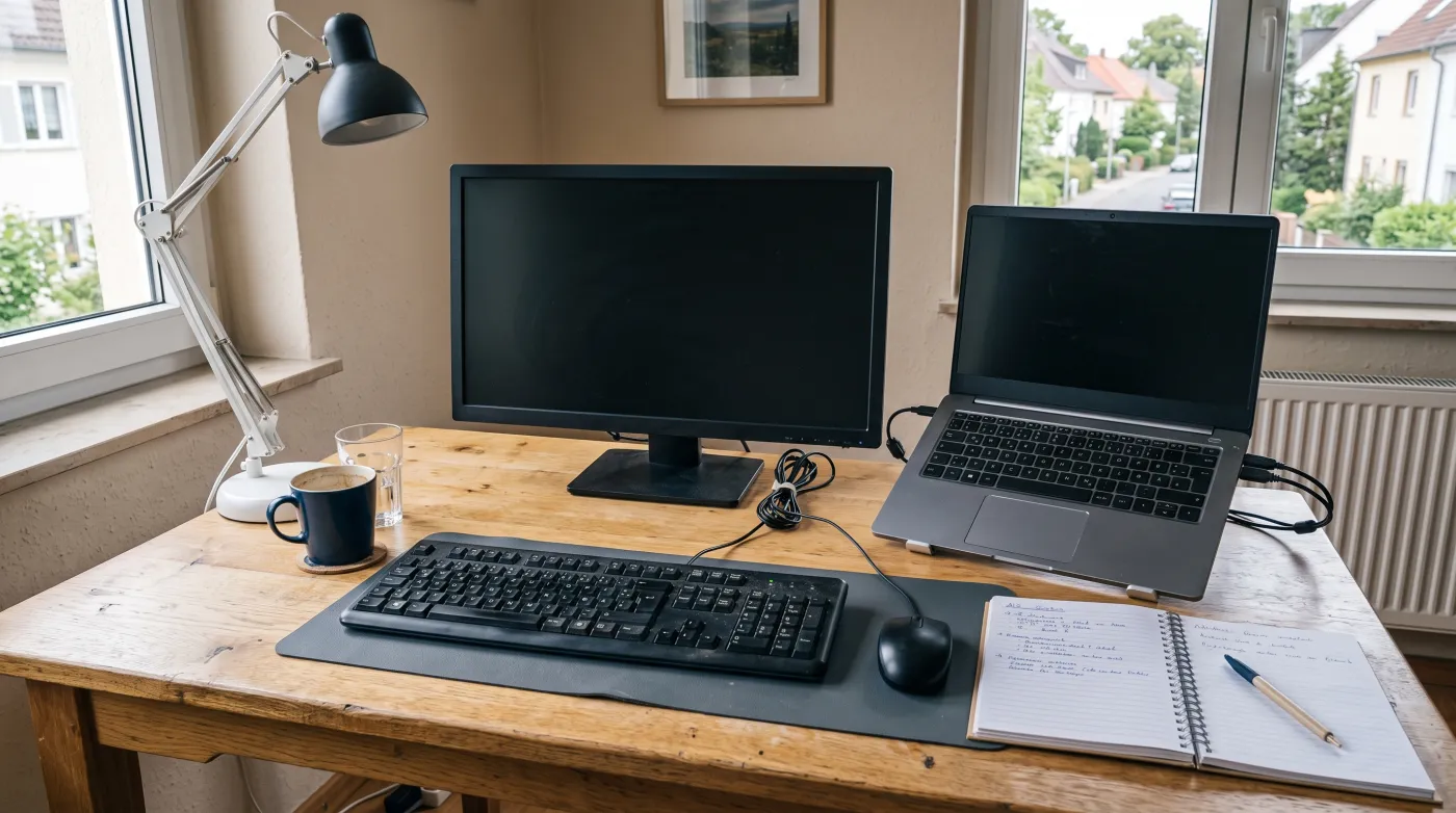 Laptop, Monitor und Bürozubehör im Homeoffice