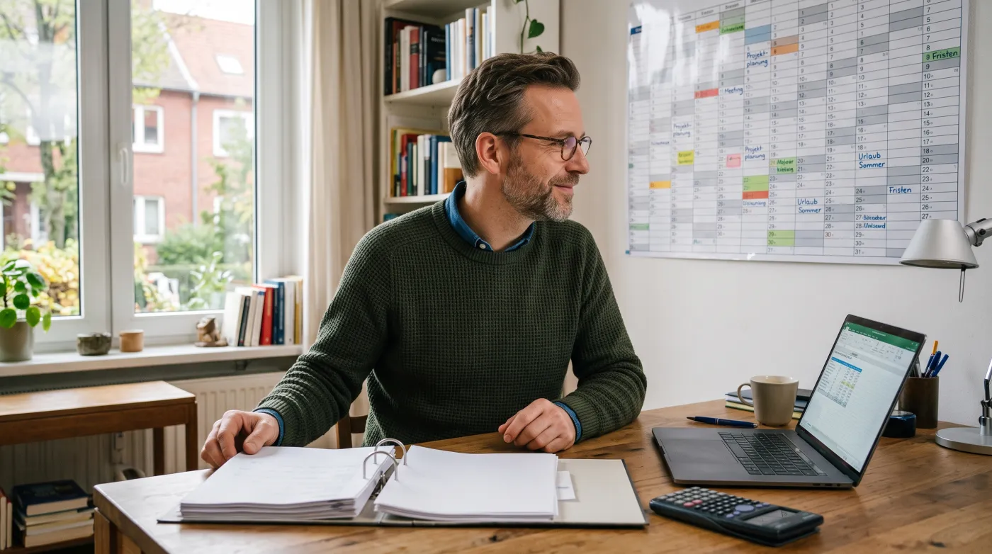 Arbeitnehmer prüft seine Homeoffice-Tage und Steuerunterlagen