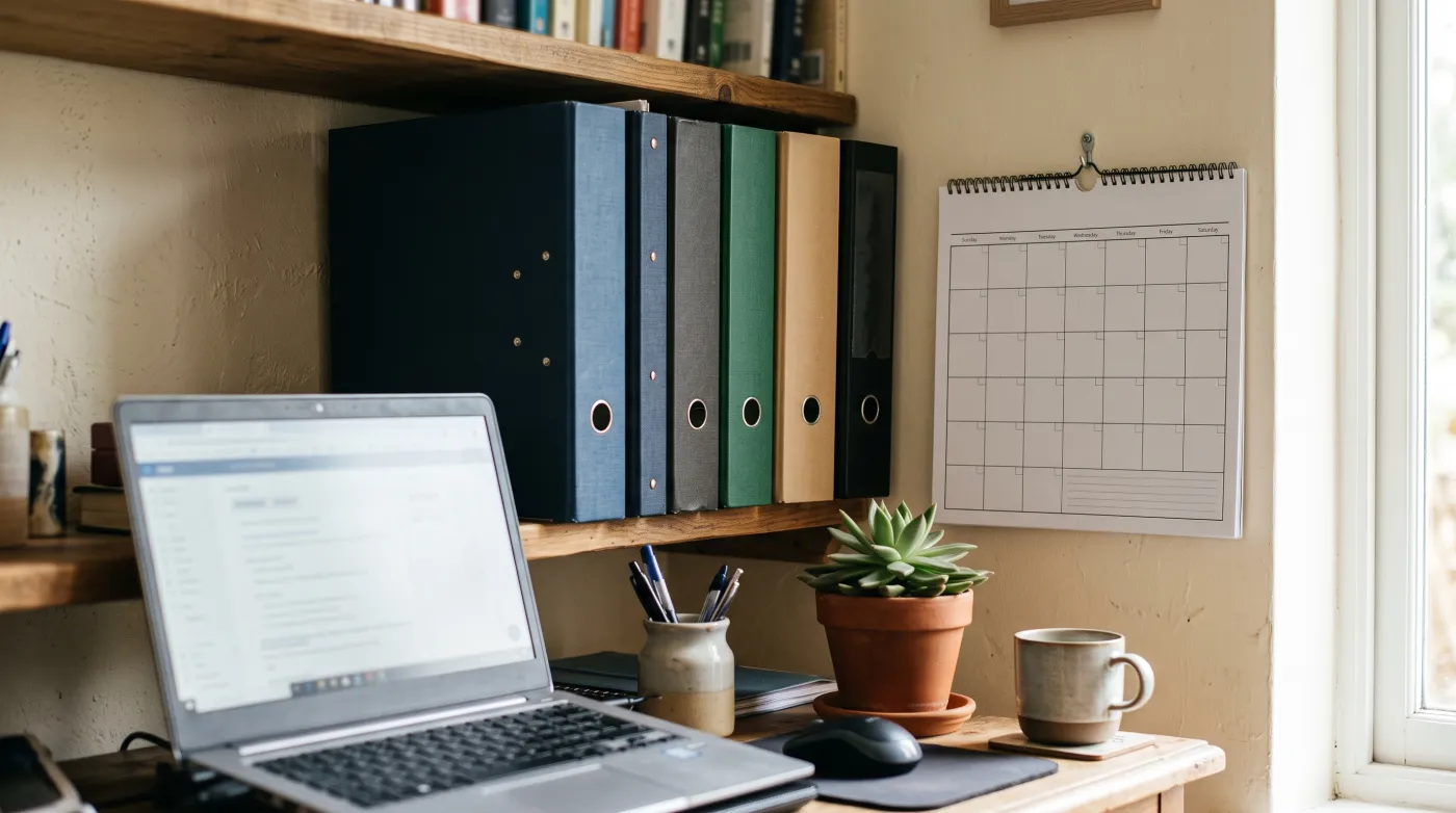 Ordner mit Steuerunterlagen und Kalender auf einem Schreibtisch