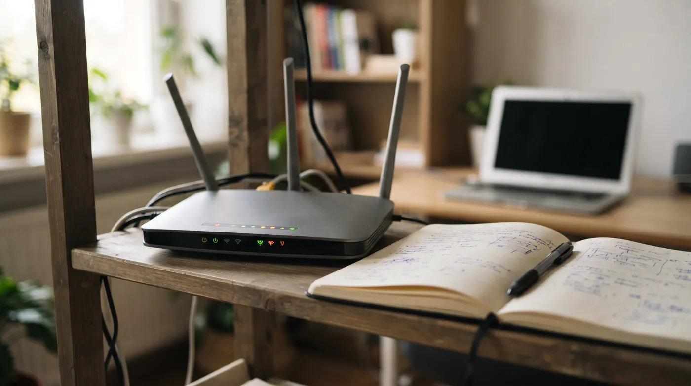 Router, Telefon und Notizen zu Verbindungskosten auf einem Schreibtisch